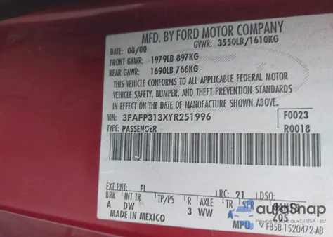 2000 Ford Focus Zx3 z USA, uszkodzony, nr VIN 3FAFP313XYR251996